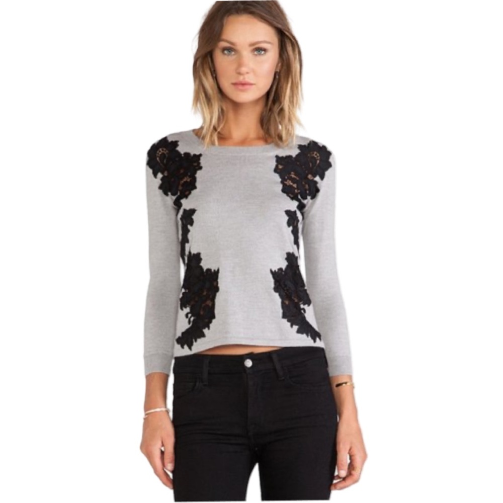DVF Sweater Doreen Fog & Black Floral Applique Pullover lace wool